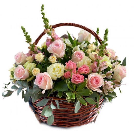 Basket of Roses, Spray Roses, Alstroemerias, Eustoma and Eucalyptus Basket of Roses, Spray Roses, Alstroemerias, Eustoma and Eucalyptus