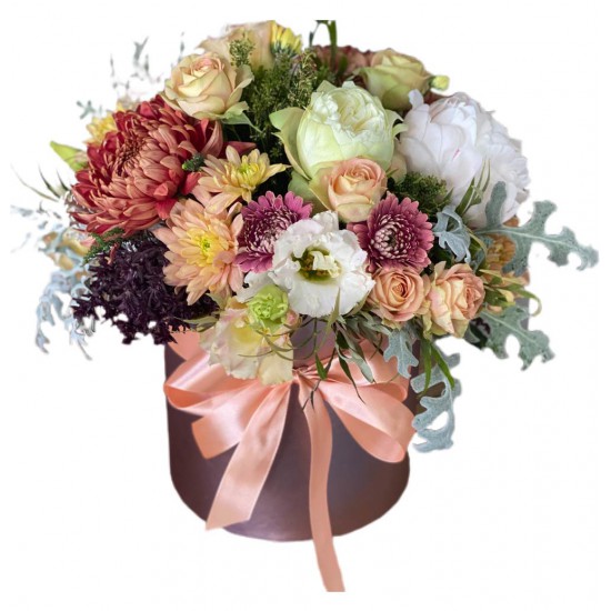 Box of chrysanthemums, roses, mini roses, Eustoma, gerberas, greens Box of chrysanthemums, roses, mini roses, Eustoma, gerberas, greens