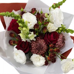 Bouquet of Chrysanthemums one head, Eustoma, Roses, Spray Roses