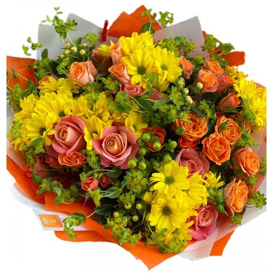 Bouquet of Roses, spray roses, Chrysanthemums, hypericum 