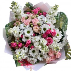 Bouquet of Chrysanthemums, spray roses, mattiola