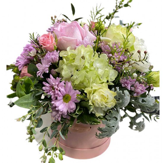 Box of Chrysanthemums, small Roses, Eustoma, greens