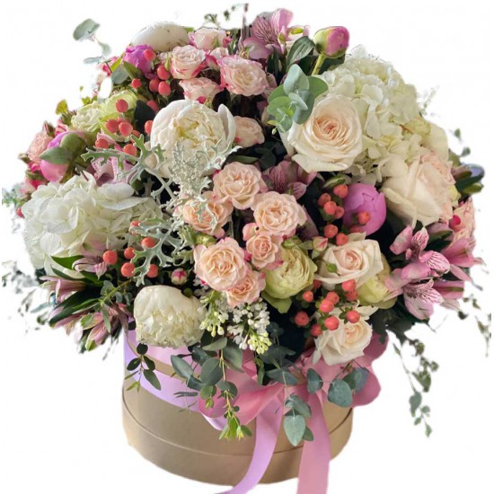 Box of Hydrangea, Roses, Spray roses, Hypericum,  Alstroemerias and Eucalyptus 