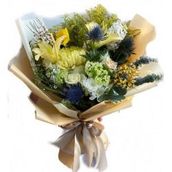 Bouquet with Lilies, White Roses, Wax, Chrysanthemums, Eucalyptus and Mattiola