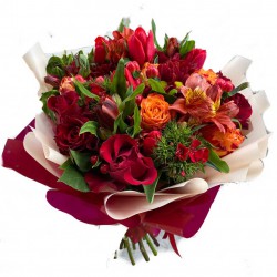 Bouquet with Roses, Alstroemerias, Tulips, Hypericum and Coronation 