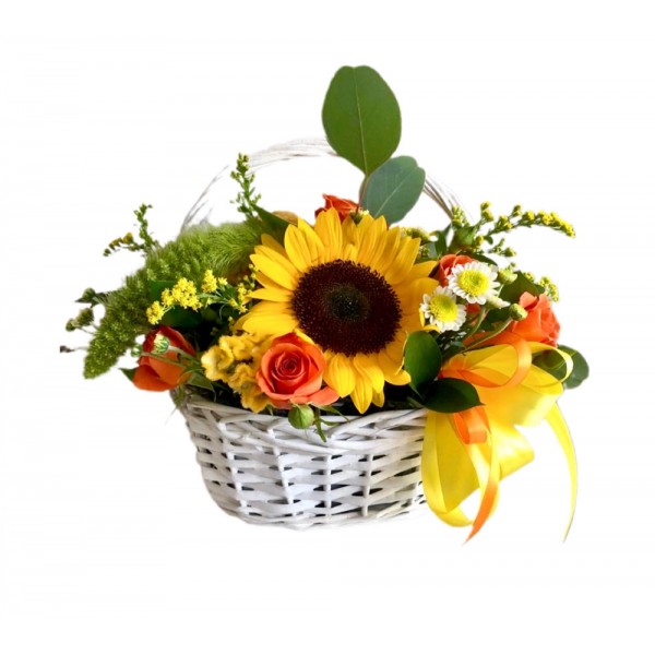 Basket  of Sunflower, Spray Roses, Chrysanthemum, Celosia and Greens