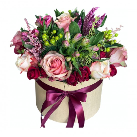 Box of Roses, Alstroemeria, Celosia, Hypericum Box of Roses, Alstroemeria, Celosia, Hypericum