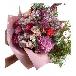 Bouquet of Small Hydrangea, Spray Roses, Roses, Wax, Eucalyptus