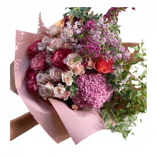 Bouquet of Small Hydrangea, Spray Roses, Roses, Wax, Eucalyptus Bouquet of Small Hydrangea, Spray Roses, Roses, Wax, Eucalyptus