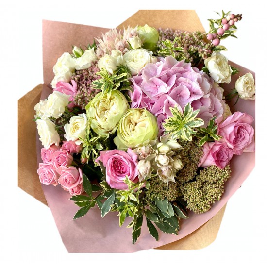 Bouquet of Hydrangea, Roses, Spray Roses, Greens