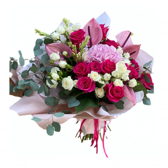 Bouquet of Hydrangea, Roses, Spray Roses, Eucalyptus, Anthurium Bouquet of Hydrangea, Roses, Spray Roses, Eucalyptus, Anthurium