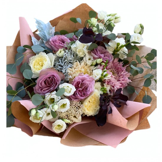 Bouquet of Roses, Eustoma, Chrysanthemum, Silver, Eucalyptus