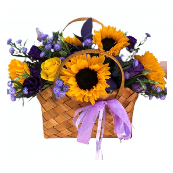 Basket of Sunflower, Roses, Eustoma