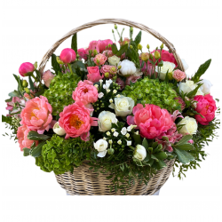 Basket of peonies, hydrangeas, roses 