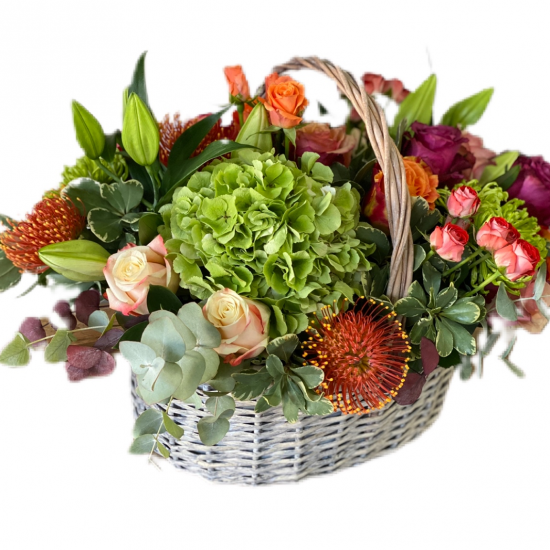 Basket of Hydrangea, Spray Roses, Roses, lilies and Greens Basket of Hydrangea, Spray Roses, Roses, lilies and Greens