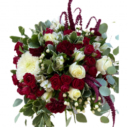 Bouquet of Chrysanthemums , Roses and Spray Roses, greens 