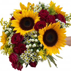 Bouquet of Sunflowers, Spray Roses, Chrysanthemums and Greens 