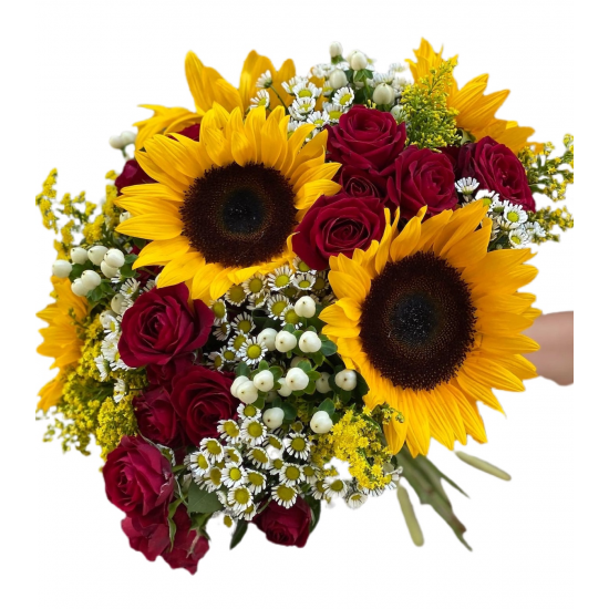 Bouquet of Sunflowers, Spray Roses, Chrysanthemums and Greens Bouquet of Sunflowers, Spray Roses, Chrysanthemums and Greens