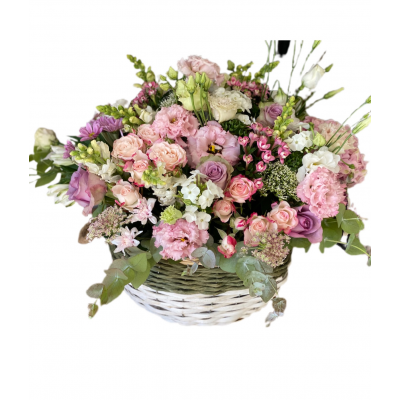 Basket of Mix Flowers, Eustoma and Spray roses