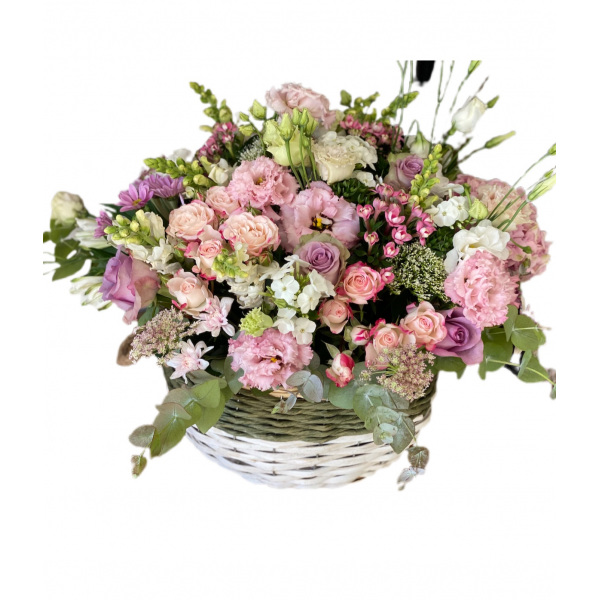 Basket of Mix Flowers, Eustoma and Spray roses