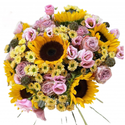 Bouquet of Sunflowers, Roses, Eustoma and Chrysanthemums 
