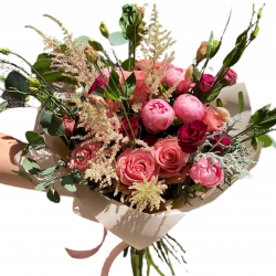 Bouquet of peonies and roses, eucalyptus 