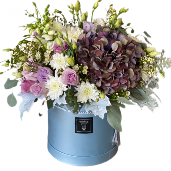 Box of Hydrangea; roses, Chrysanthemums, wax 