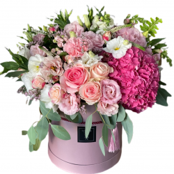 Box of Hydrangea, Roses, Eustoma and Carnations 