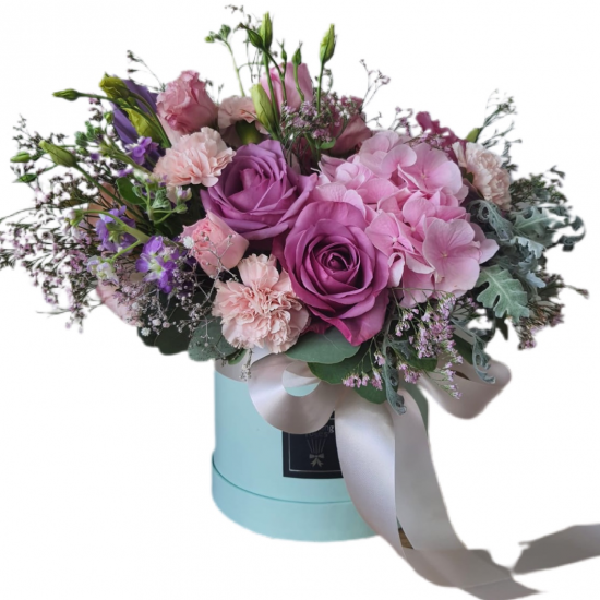 Box of roses, carnations, greens, Eustoma Box of roses, carnations, greens, Eustoma