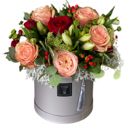 box of Roses, alstroemerias and hypericum 