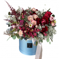 Box of Roses, spray roses, Cymbidium, greens 